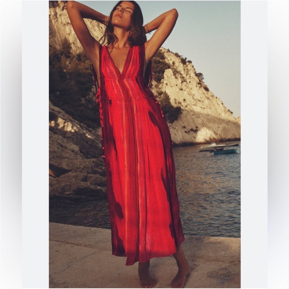 NEW Zara Sleeveless V-Neck Beaded Appliques Tie Dye Midi Dress